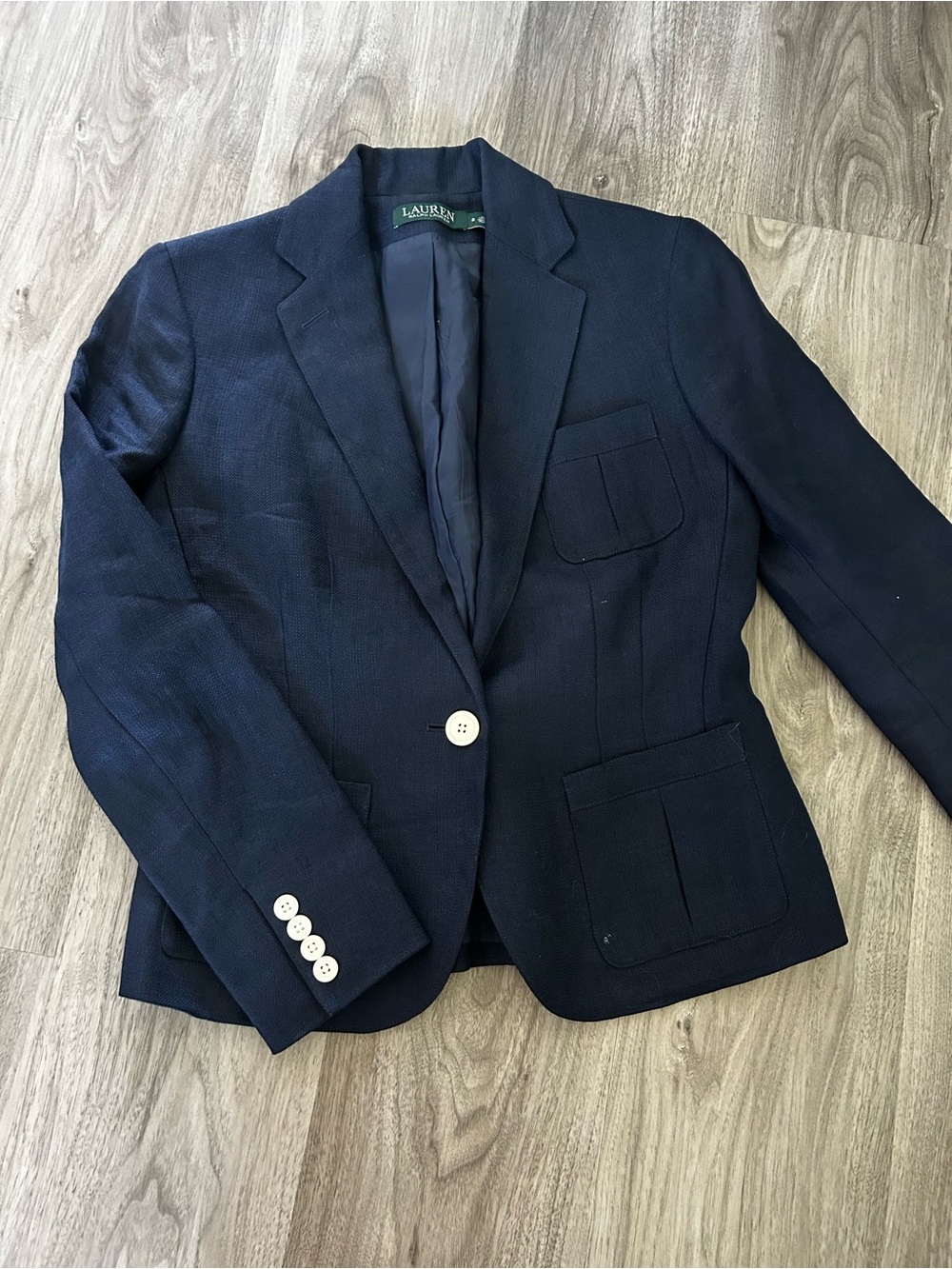 Ralph Lauren Navy Single-Button Patch-Pocket Blazer with White Buttons